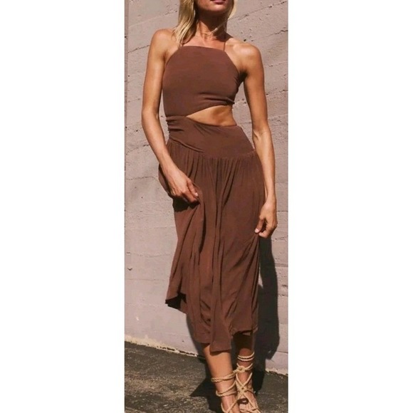 Free People Brown Suki Midi Halter Cutout Open Back Dress Chocolate Boho Summer